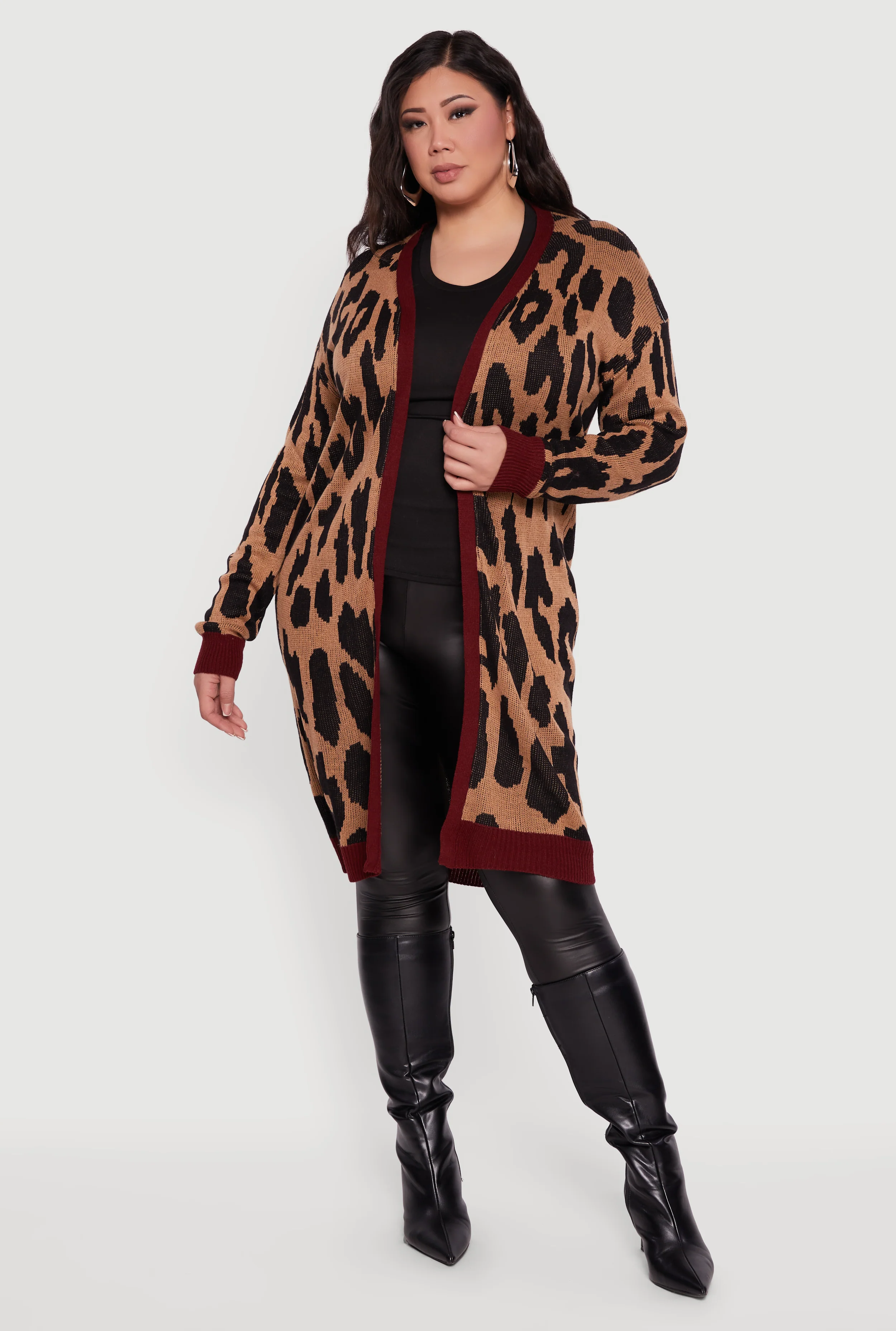 Plus Size Leopard Print Open Front Long Cardigan